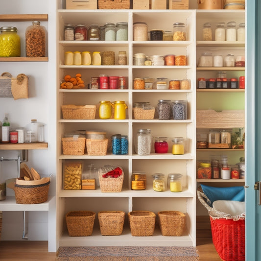 A tidy kitchen pantry with a pegboard on the back of the door, baskets on shelves, and a lazy Susan in the corner, surrounded by jars, cans, and utensils, with a few open shelves revealing organized cookbooks.