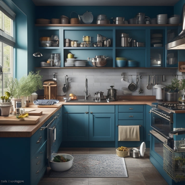 A cluttered kitchen with stacked dirty dishes, overflowing utensil drawers, and countertops littered with appliances, contrasted with a sleek, modern kitchen island featuring pull-out shelves and a built-in trash can.