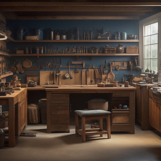 A tidy, well-lit workshop with various cabinetry tools and materials organized on a wooden workbench, amidst a backdrop of partially assembled cabinets and renovation plans on a large table.