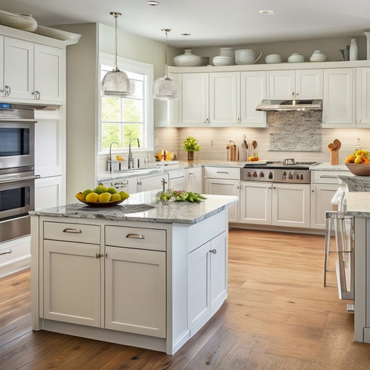 A bright, modern kitchen with sleek white cabinets, stainless steel appliances, and a large island featuring a built-in sink, cooktop, and ample storage, surrounded by a clutter-free countertops and utensils organized by category.