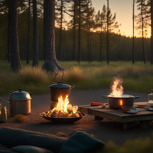 A serene outdoor campsite at dusk, with a warm golden light casting long shadows, featuring a bustling cooking station with a large cast-iron skillet sizzling over a crackling campfire.