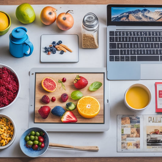 A colorful, organized kitchen background with a laptop and a few printed meal planning templates scattered around, along with a cup of coffee, a plate of fresh fruits, and a few utensils.