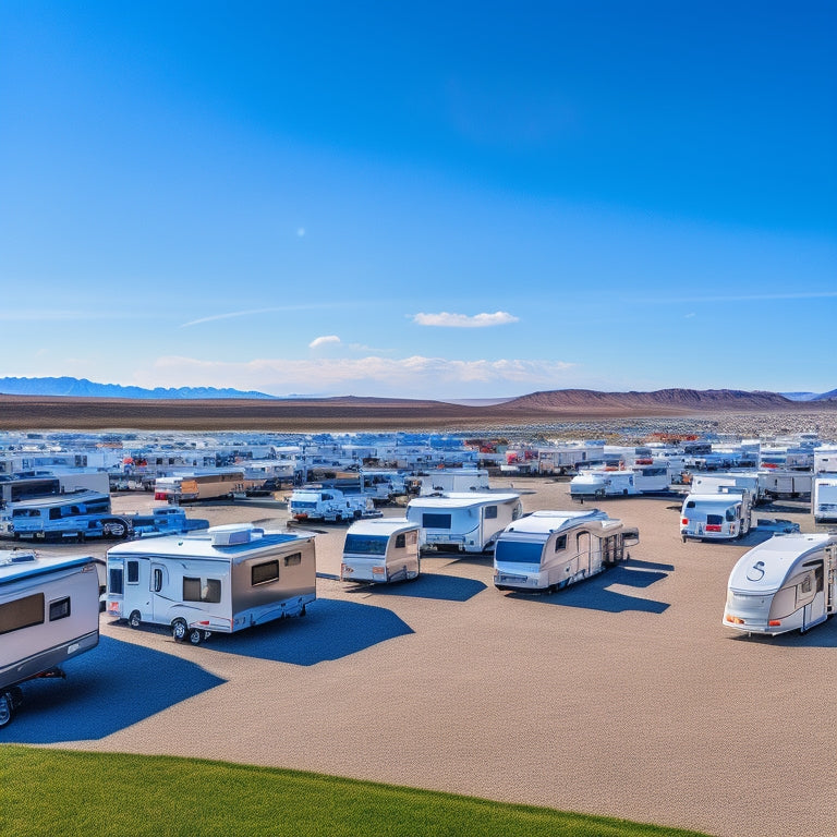 A sprawling outdoor lot filled with a diverse array of shiny RVs, motorhomes, and travel trailers in various sizes and colors, with a sunny blue sky and fluffy white clouds above.