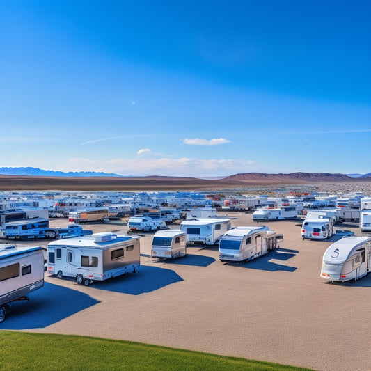 A sprawling outdoor lot filled with a diverse array of shiny RVs, motorhomes, and travel trailers in various sizes and colors, with a sunny blue sky and fluffy white clouds above.