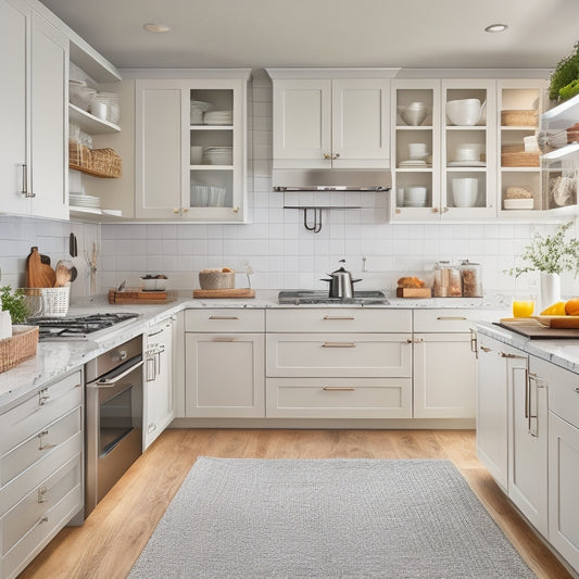 A bright, modern kitchen with sleek white cabinets, stainless steel appliances, and warm hardwood floors, featuring a combination of shelves, drawers, and baskets, with utensils and cookware organized by category.