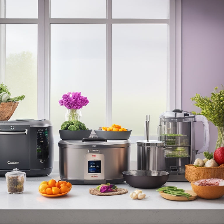 A modern kitchen counter with 5-7 sleek air-fryers in different shapes, sizes, and colors, arranged artfully with a few fresh vegetables and herbs surrounding them.