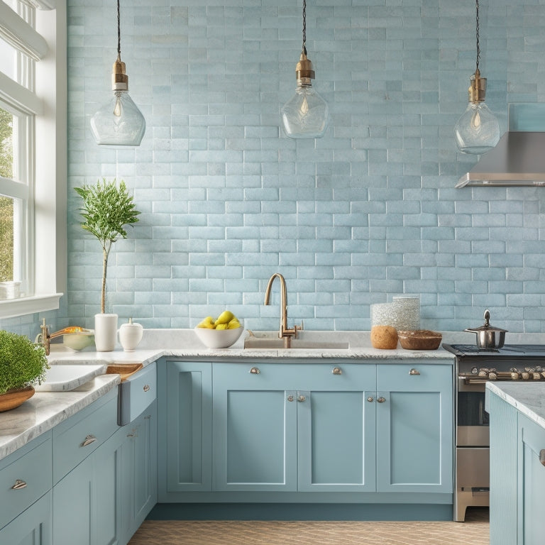 A serene coastal kitchen scene: soft grey cabinets, white quartz countertops, and a backsplash featuring a subtle wave pattern, set against a calming blue-green glass tile wall, with a natural woven pendant light above.