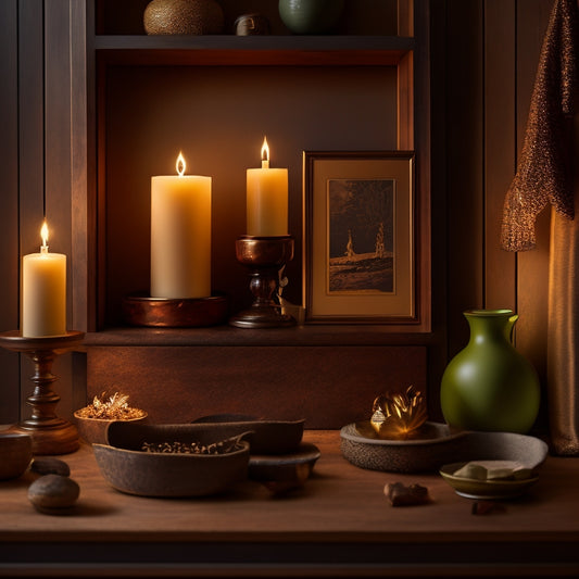 A warm, dimly lit room with a handcrafted dark wood ledge shelf, adorned with a few curated objects, set against a neutral-toned background, with soft, golden lighting accentuating the wood's rich grain.