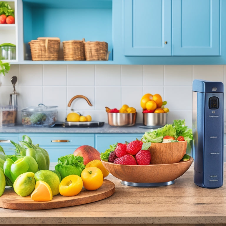 A modern kitchen counter with a sleek smartphone displaying a meal prep app, surrounded by vibrant fruits, a stainless steel meal prep container, and a wooden kitchen utensil holder with neatly organized tools.