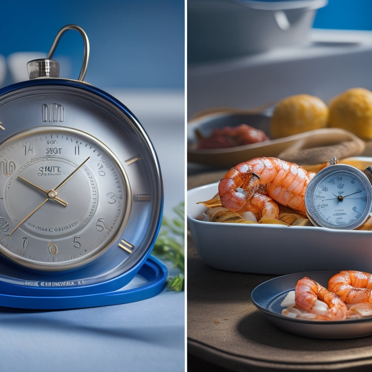 A split-screen image featuring a stopwatch surrounded by shrimp shells on one side, and a perfectly cooked shrimp plate with a gradient of doneness (undercooked, perfectly cooked, overcooked) on the other.