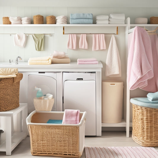 A tidy laundry room with a sleek, white shelving unit, holding a stack of neatly folded towels in pastel hues, surrounded by woven baskets and a few cleverly designed laundry sorting bins.