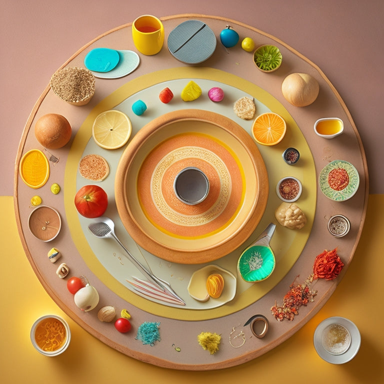 A colorful, whimsical illustration of a mind map, with interconnected circles and curved lines, surrounded by utensils, plates, and ingredients, set against a warm, beige background with subtle kitchen textures.