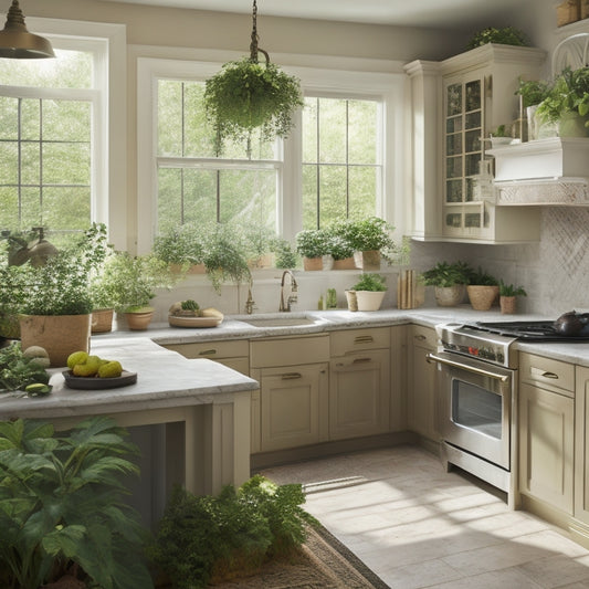 A warm, sunlit kitchen with creamy cabinets, honed marble countertops, and a massive island featuring a built-in cooktop, surrounded by lush greenery and a few strategically placed potted plants.