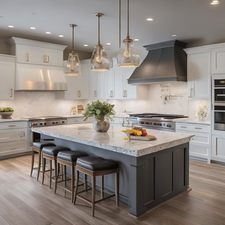 A luxurious, modern kitchen with sleek, white cabinets, dark granite countertops, and stainless steel appliances, featuring a large island with a built-in cooktop and pendant lights above.