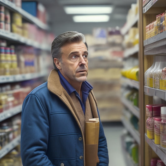 A frustrated customer standing in front of an empty shelf, with a disappointed expression, surrounded by scattered product packaging and a faint outline of a sold-out item on the wall.