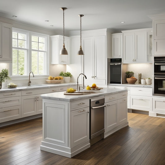 A bright, modern kitchen with cream-colored walls, dark hardwood floors, and a large island featuring custom, white, Shaker-style cabinets with ornate hardware and a quartz countertop.