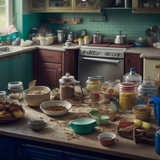 A messy kitchen with countertops cluttered by stacks of dirty dishes, overflowing utensil jars, and expired food containers, with a few pesky crumbs and spills scattered across the floor.