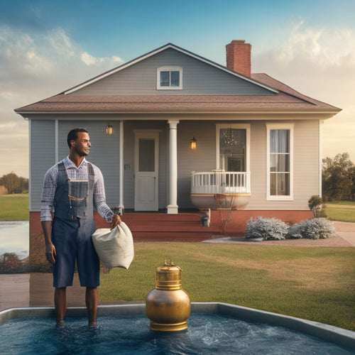 An illustration of a person standing in front of a house with a large water tank in the background, surrounded by icons of a calendar, a money bag, and a checklist, with a subtle water wave pattern in the foreground.