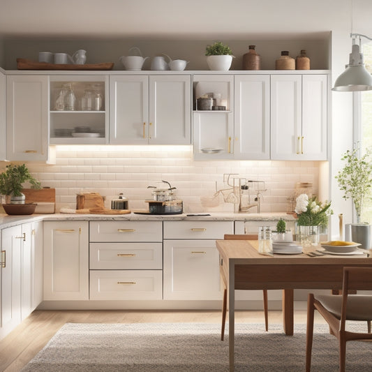 A modern kitchen with sleek, white Aristokraft cabinets, featuring pull-out drawers, adjustable shelves, and a built-in utensil organizer, illuminated by soft, warm lighting, with a few kitchen utensils and ingredients tastefully arranged.