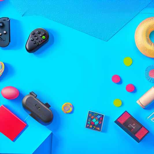 A colorful illustration of a Nintendo Switch console and accessories, surrounded by confetti, balloons, and discount tags, set against a bright blue background with subtle grid patterns.