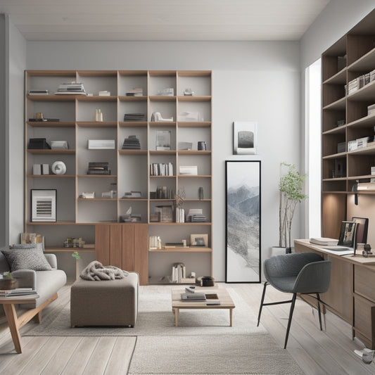 A modern, sleek, and minimalist interior design studio with a large wooden desk, surrounded by floor-to-ceiling shelves filled with design books, samples, and 3D home models.