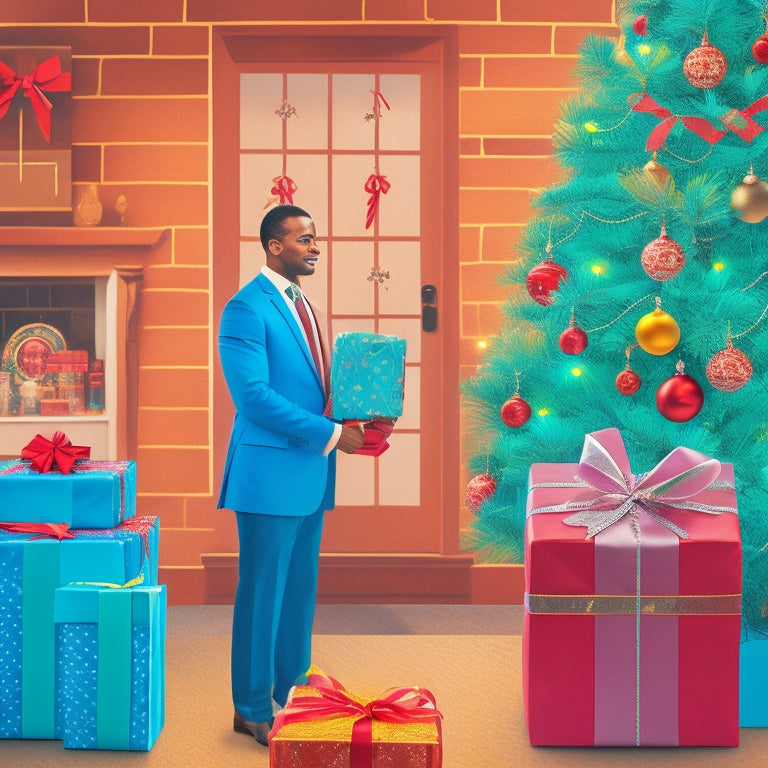 An illustration of a person standing in front of a organized gift wrapping station with wrapped gifts, ribbons, and bows, surrounded by a clock, calendar, and a checklist, with a subtle background of festive holiday colors.