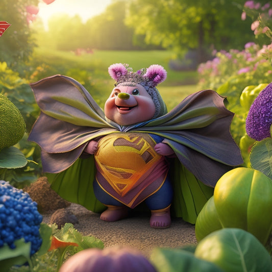 A whimsical illustration of a smiling cabbage character wearing a superhero cape, standing in a garden surrounded by colorful vegetables and fluttering butterflies.