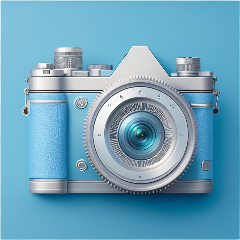 A minimalist illustration featuring a sleek, silver camera with a manual mode dial prominently displayed, surrounded by subtle, swirling gears and cogs, set against a clean, gradient blue background.