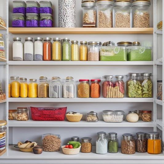 A bright and organized pantry with wooden shelves, wire baskets, and clear glass jars, filled with an assortment of colorful food items, surrounded by a few rolled-up printed labels.