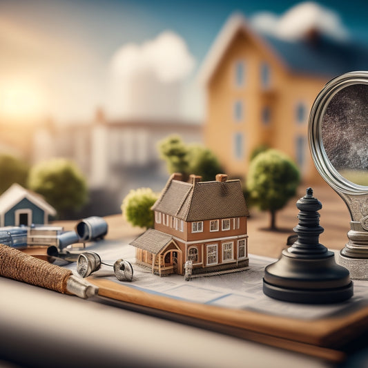 A magnifying glass hovering above a miniature model of a house, surrounded by scattered tools and a blueprint, with a subtle background of a cityscape or neighborhood.