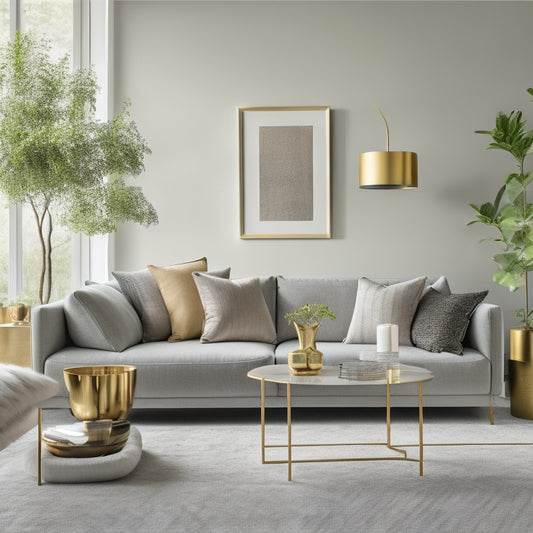 A serene, minimalist living room with a plush sectional sofa in a light gray tone, surrounded by lush greenery, and accented with metallic gold vases and modern abstract artwork.