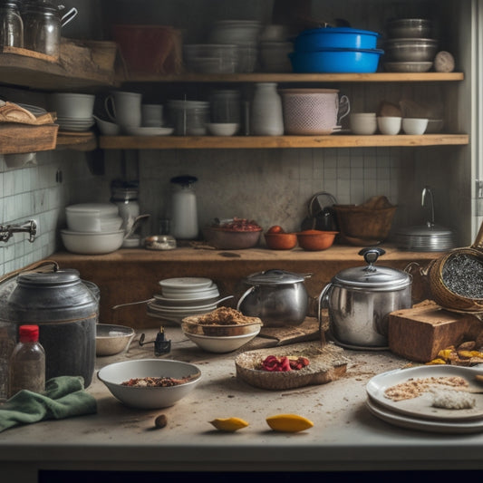 A messy kitchen with stacks of dirty dishes, overflowing countertops, and a cluttered pantry, with a single, clean, and empty shelf in the background, spotlighting the contrast between chaos and order.