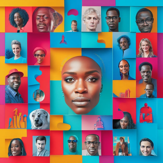 A stylized illustration of a puzzle coming together, with individual pieces forming a diverse range of faces, surrounded by marketing-related icons like megaphones, targets, and charts in a vibrant color scheme.