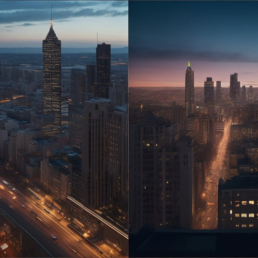 A split-screen image featuring a dark, uncertain cityscape on the left, transformed into a bright, thriving metropolis on the right, with a subtle arrow connecting the two, symbolizing growth and progress.