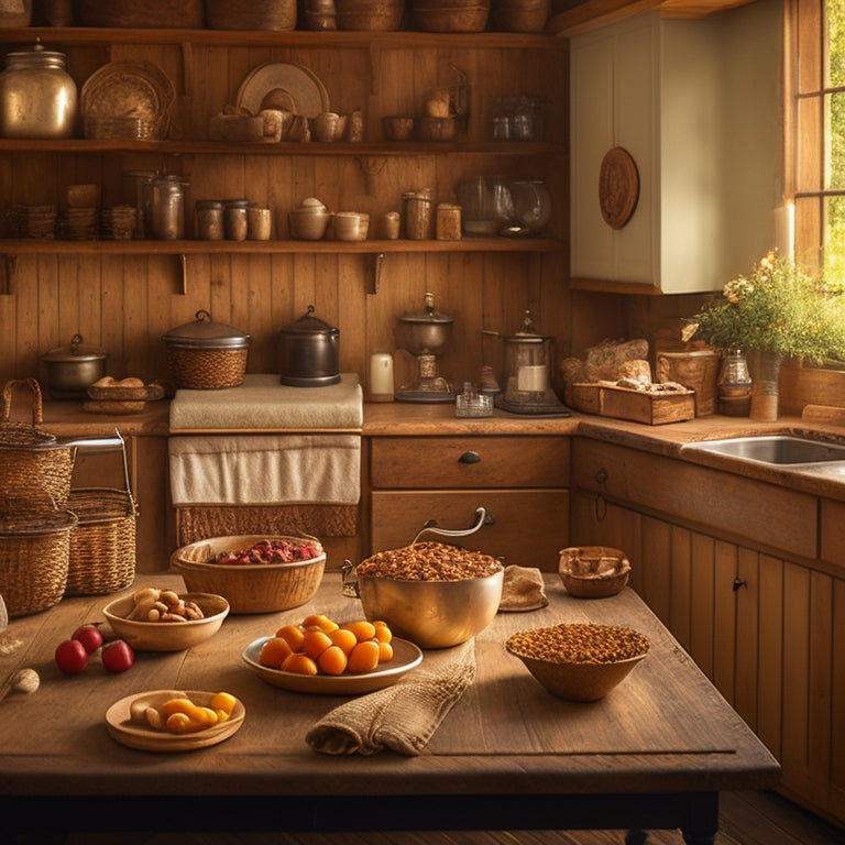 A warm, golden-lit cottage kitchen with a large wooden table, adorned with vintage baking utensils, a few jars of homemade treats, and a mixing bowl with a whisk and recipe book nearby.