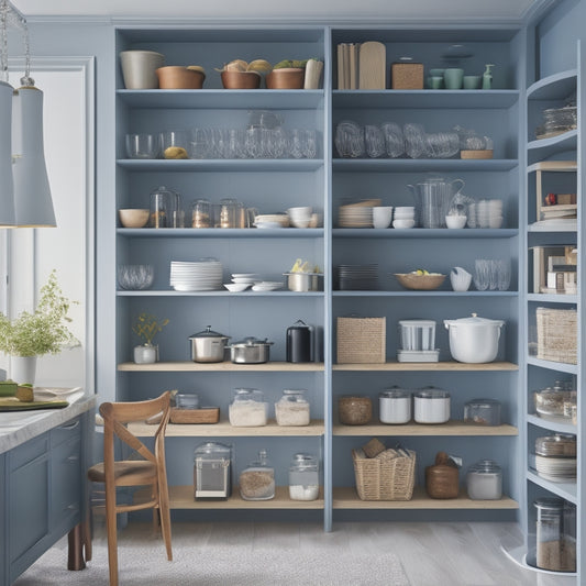 A modern kitchen cabinet with adjustable shelves in various heights, showcasing different storage configurations, with cookbooks, dinnerware, and kitchen utensils neatly organized and easily accessible.