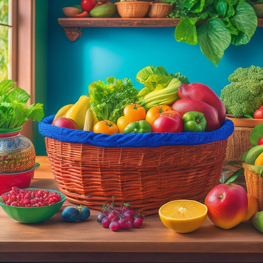 A vibrant and colorful illustration of a kitchen counter with a variety of fresh fruits and vegetables, arranged in baskets, bowls, and containers, surrounded by lush greenery and natural light.