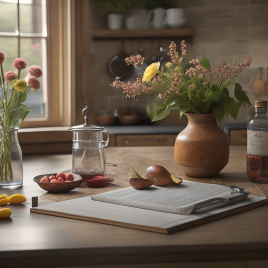 A warm and inviting kitchen scene with a wooden table, a vase with fresh flowers, and a few kitchen utensils in the background, featuring a blank kitchen planner template on a clipboard.