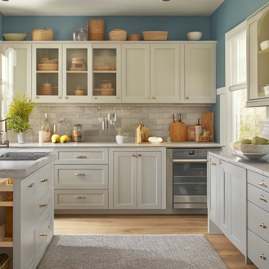 A bright, organized kitchen with refaced cabinets in a soft gray finish, featuring pull-out drawers, baskets, and dividers, surrounded by minimal decorative items and ample natural light.