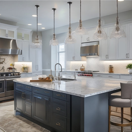 A modern kitchen with sleek countertops, a large kitchen island, and a stunning chandelier, surrounded by a tablet, laptop, and smartphone displaying kitchen design inspiration and decor ideas.