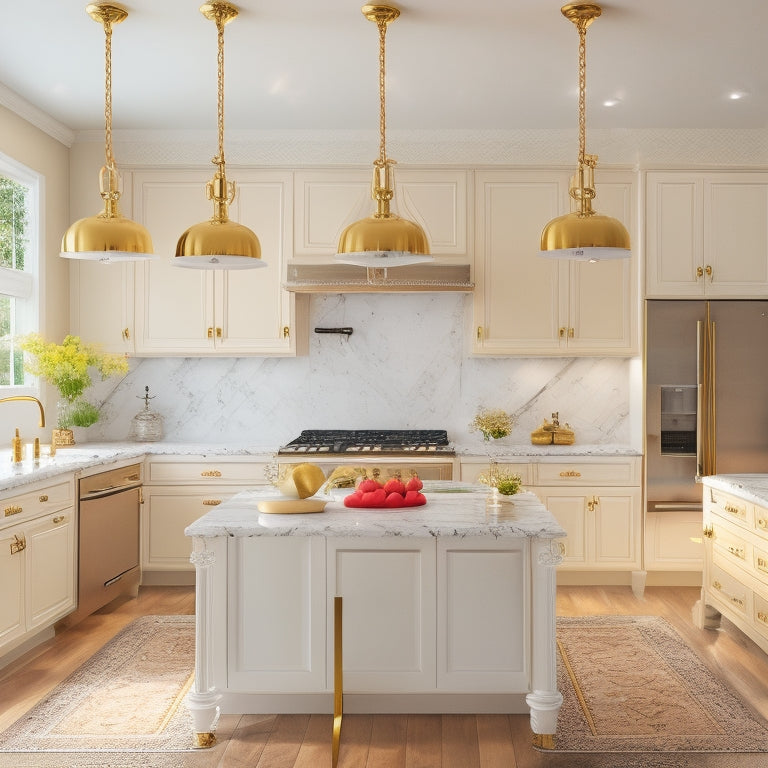 A bright, modern kitchen with cream-colored cabinets featuring ornate gold hardware, marble countertops, and a large island with a built-in sink and pendant lights.