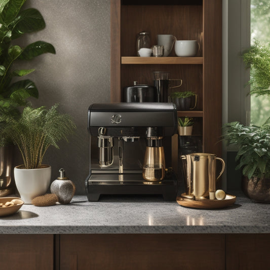 A warm, inviting coffee bar with rich wood tones, gleaming metal accents, and a stunning marble countertop, surrounded by lush greenery and featuring a sleek, modern espresso machine.