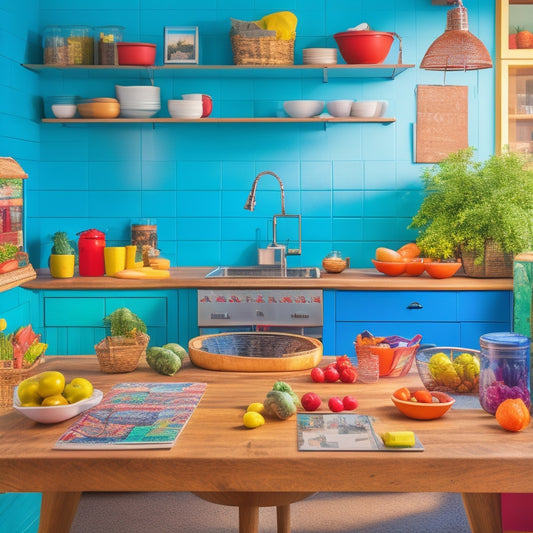 A vibrant, modern kitchen with a large wooden table at its center, surrounded by a laptop, colorful cookbooks, and a few fresh ingredients, with a subtle background of a calendar or planner.