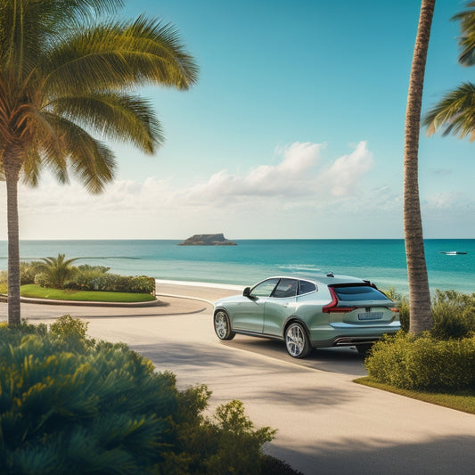 A serene, sun-kissed coastal road winds through lush green palm trees, leading to a sleek, silver Volvo parked beside a crystal-clear turquoise ocean, with a luxurious, modern villa in the background.