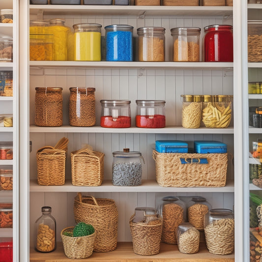 An organized pantry with adjustable shelves, woven baskets, and a built-in spice rack, featuring a mix of clear glass jars, wooden crates, and colorful ceramic containers, with a few utensils and cookbooks nearby.