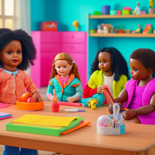 A colorful, sunlit classroom filled with dolls of diverse ages, abilities, and skin tones, surrounded by interactive learning tools, educational posters, and friendly, animated teacher dolls.