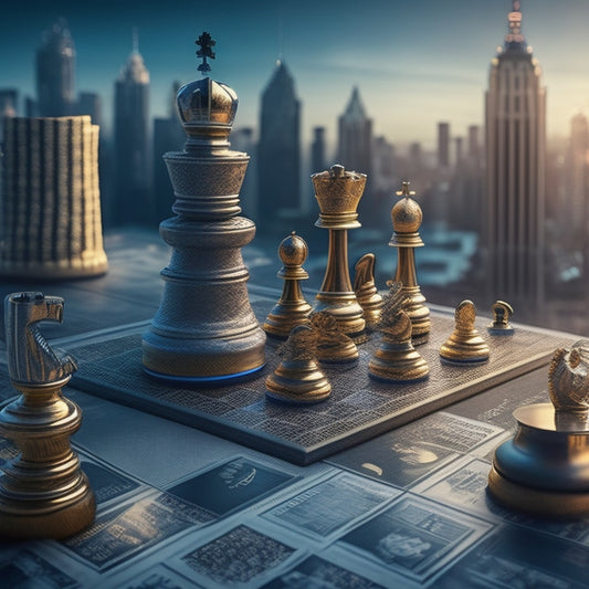 A stylized illustration of a chessboard with various assets (buildings, coins, stocks) as game pieces, surrounded by subtle hints of financial charts and graphs in the background, with a faint glow of success.