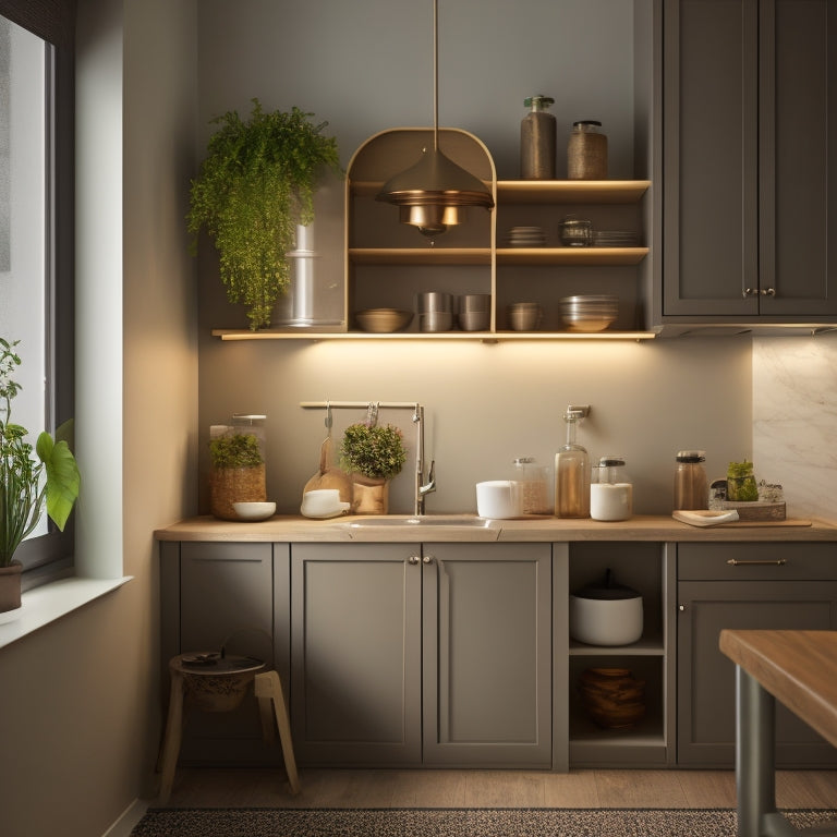 A tidy, L-shaped kitchen corner with a carousel-style spice rack, a pull-out trash can, and a wall-mounted pot lid organizer, all in a modern, minimalist aesthetic with warm lighting.