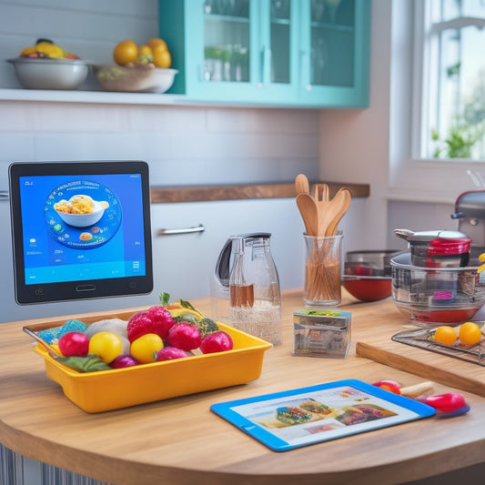 A tidy kitchen countertop with a tablet mounted on a stand, displaying a digital recipe app, surrounded by neatly organized kitchen utensils and a few colorful, labeled digital tablets.