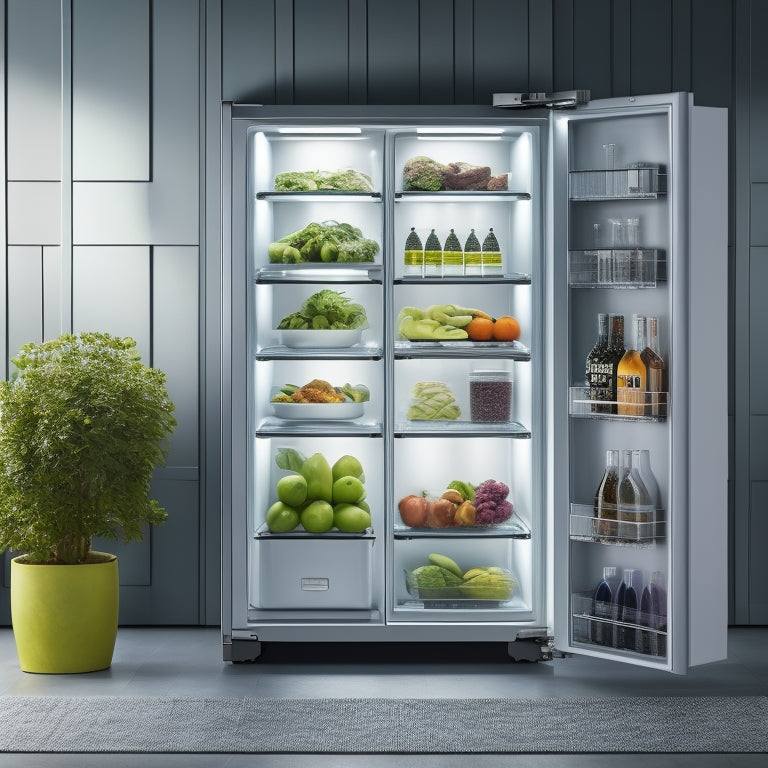 A sleek, silver Hoshizaki glass door refrigerator stands against a modern, light-gray background, its doors slightly ajar, revealing rows of chilled beverages and fresh produce, illuminated by soft, LED lighting.